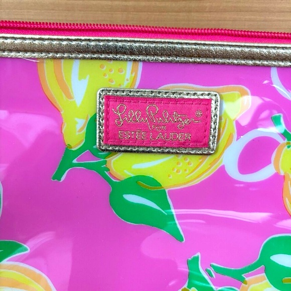 2 Lilly Pulitzer/ Estee Lauder Make Up Bags Pink & Lemons Zip Cosmetic Travel - Picture 2 of 10